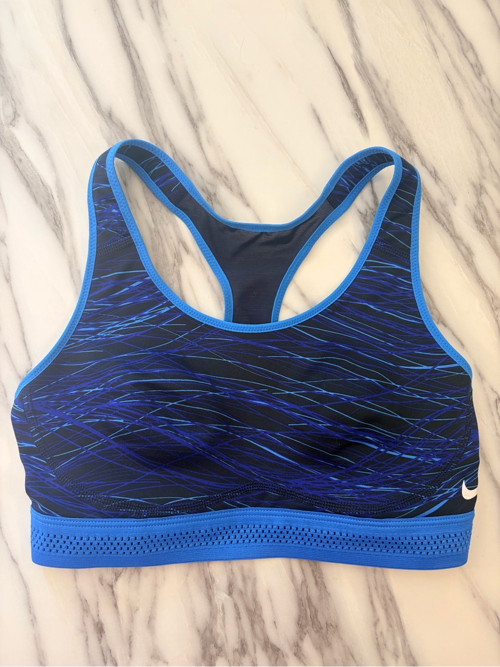 Nike Blue Patterned Racerback Sports Bra with Reflective Swoosh small